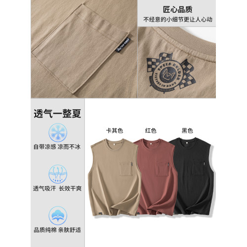 美式高街運動背心男士坎肩無袖t恤青少年口袋寬松純棉上衣體恤潮