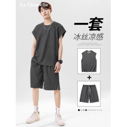 拉夏貝爾男士冰絲短袖短褲套裝夏季新款兩件裝搭配運動背心一整套