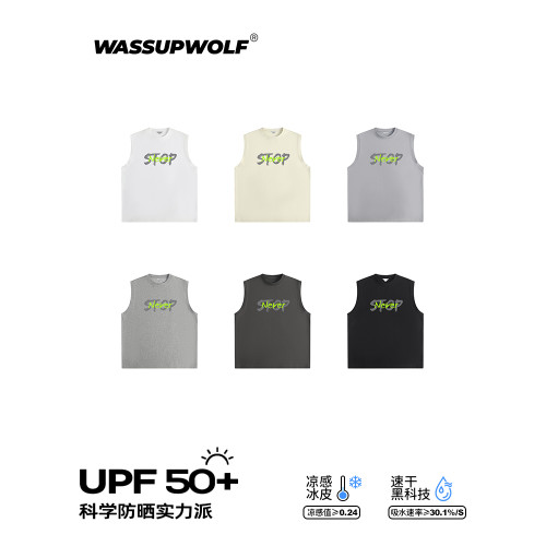 Wassup Wolf美式字母印花背心男夏季涼感速乾運動健身坎肩無袖T恤