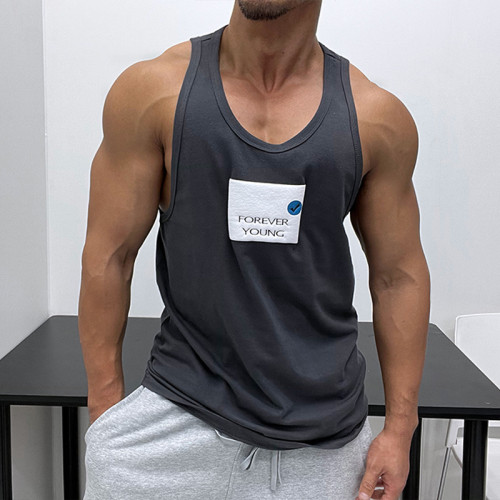 純棉好面料！髮泡立體印花運動健身背心修身肌肉男顯身材無袖T恤