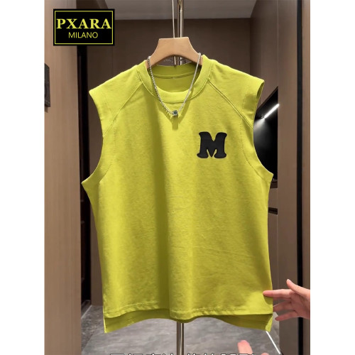 PXARA/高級字母印花背心男士夏季薄款純色多巴胺寬松運動無袖T恤
