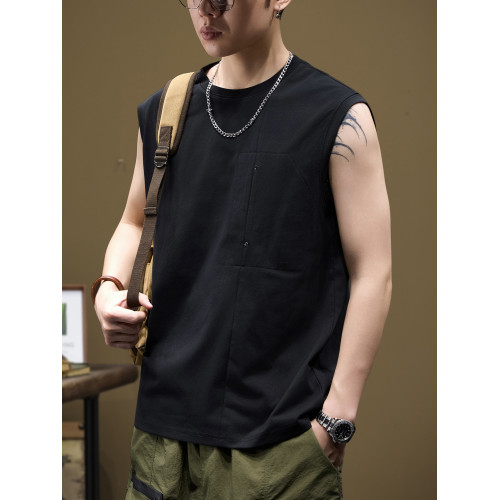 美式拼接純色背心T恤男士夏季高級圓領休閒外穿籃球健身運動背心