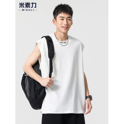 7a抗菌涼感運動背心男夏百搭純棉刺綉坎肩白色無袖上衣新款健身衣