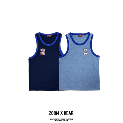 ZOOMXBEAR原創男深挖寬松純棉運動背心包邊撞色刺綉熊標健身坎肩