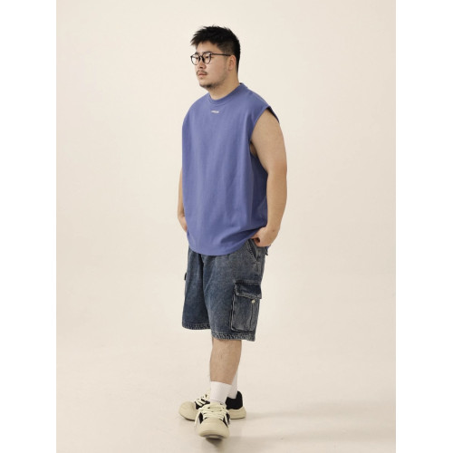 LIIISTORE2024夏款純色280g無袖T恤濶版小刺綉運動健身休閒背心男