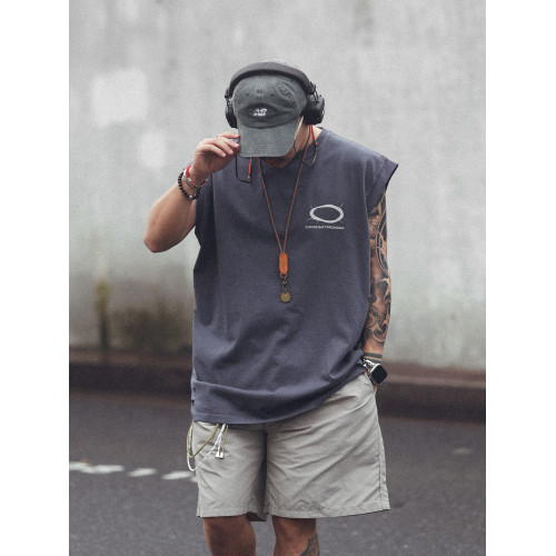 ollie snap夏季日系復古水洗寬松百搭無袖背心男破洞坎肩T恤上衣