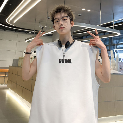 特大碼300斤純棉坎肩背心男女裝夏季新款港風復古寬松無袖印花T恤