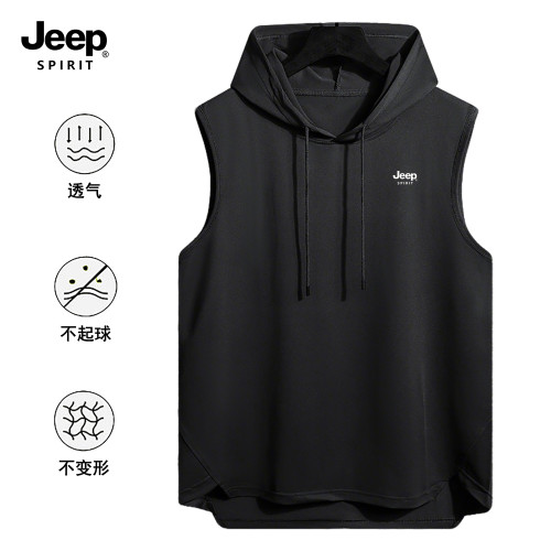 JEEP SPIRIT吉普連帽背心男士夏季新款戶外休閒運動速乾透氣無袖