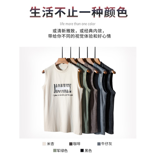 美式復古印花背心男2025新款圓領純棉t恤無袖坎肩大碼運動上衣服