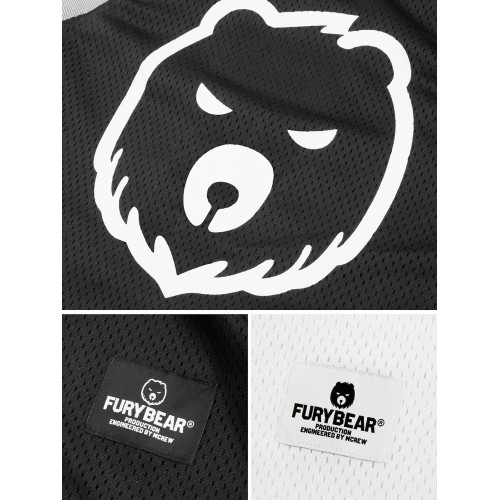 FURYBEAR 熊怒印花白色黑色速乾網眼健身運動籃球背心