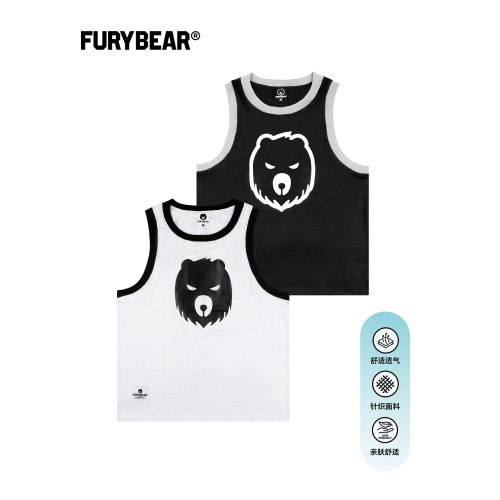 FURYBEAR 熊怒印花白色黑色速乾網眼健身運動籃球背心