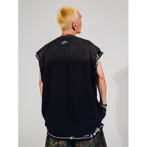 ACUSA美式hiphop風鉚釘洗水馬騮做舊破壞坎肩短袖坦克背心T恤夏男
