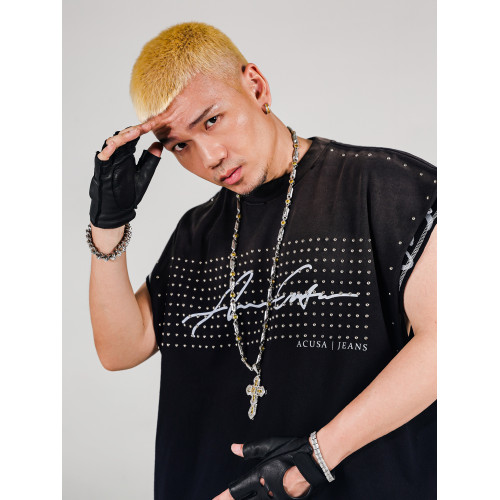 ACUSA美式hiphop風鉚釘洗水馬騮做舊破壞坎肩短袖坦克背心T恤夏男