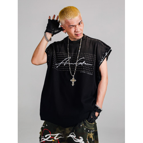 ACUSA美式hiphop風鉚釘洗水馬騮做舊破壞坎肩短袖坦克背心T恤夏男