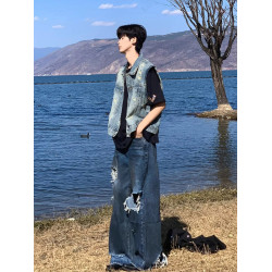 復古水洗磨破貓續牛仔馬甲無袖男春夏季潮流帥氣坎肩情侶工裝外套