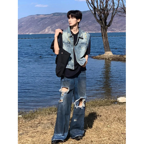 復古水洗磨破貓續牛仔馬甲無袖男春夏季潮流帥氣坎肩情侶工裝外套