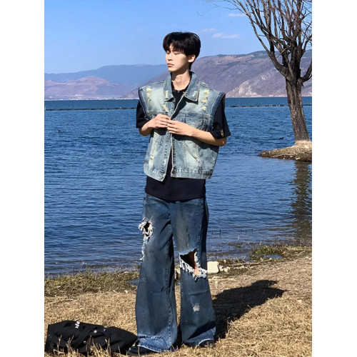 復古水洗磨破貓續牛仔馬甲無袖男春夏季潮流帥氣坎肩情侶工裝外套