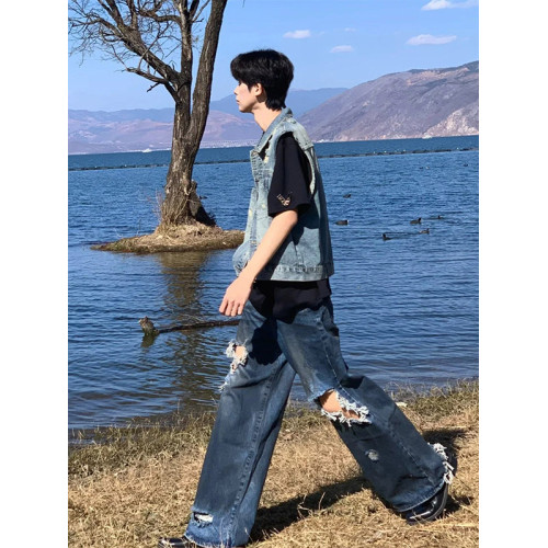 復古水洗磨破貓續牛仔馬甲無袖男春夏季潮流帥氣坎肩情侶工裝外套