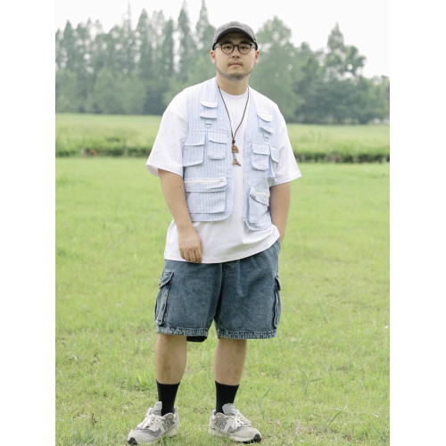 LAUSTRO系列2025早秋工裝多口袋竪條紋短款廓版戶外馬甲