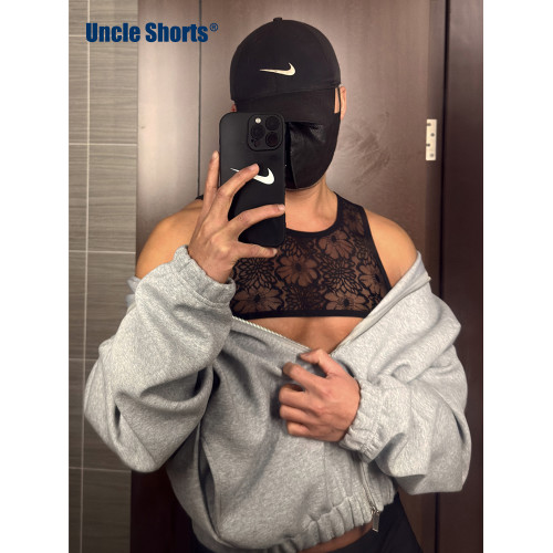 Uncle Shorts工字蕾絲背心男士純欲風性感半截式超短緊身上衣T恤