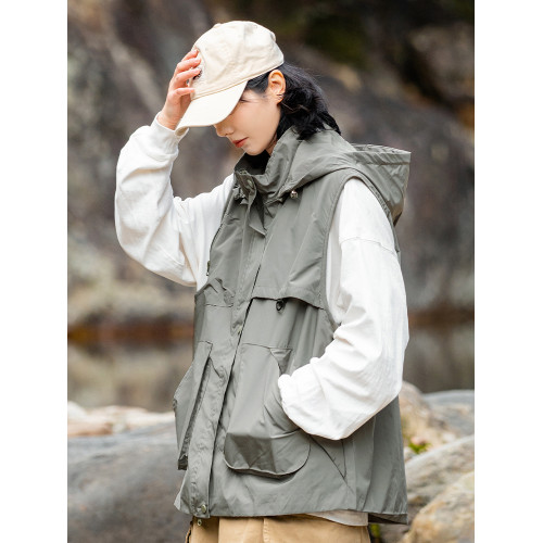 春夏戶外機能多口袋工裝馬甲男美式沖鋒衣可拆卸連帽無袖外套男女