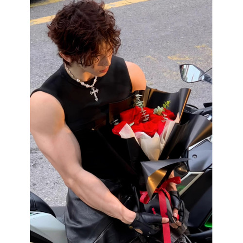 高級美式高街無袖背心男士痞帥機車風黑色運動t恤夏季百搭上衣男