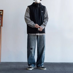 日系山系連帽立領工裝馬甲男女同款戶外徒步休閒寬松百搭坎肩外套