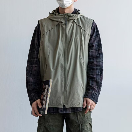 日系山系連帽立領工裝馬甲男女同款戶外徒步休閒寬松百搭坎肩外套