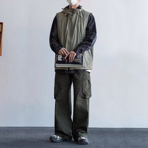 日系山系連帽立領工裝馬甲男女同款戶外徒步休閒寬松百搭坎肩外套