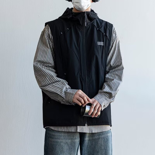 日系山系連帽立領工裝馬甲男女同款戶外徒步休閒寬松百搭坎肩外套