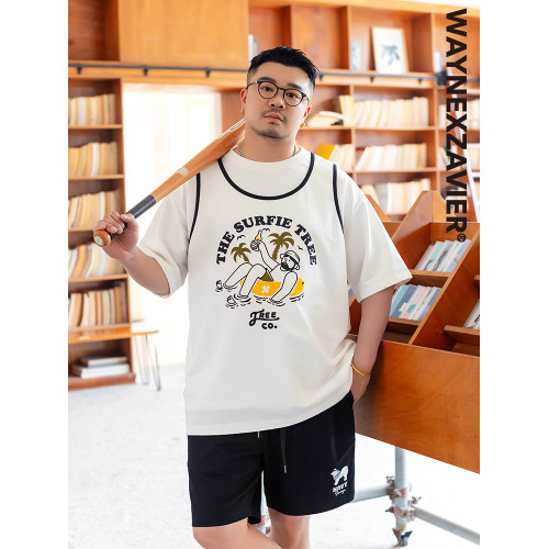 GEEEKPANDA加肥加大寬松大碼男夏撞色包邊卡通印花棉籃球背心9214