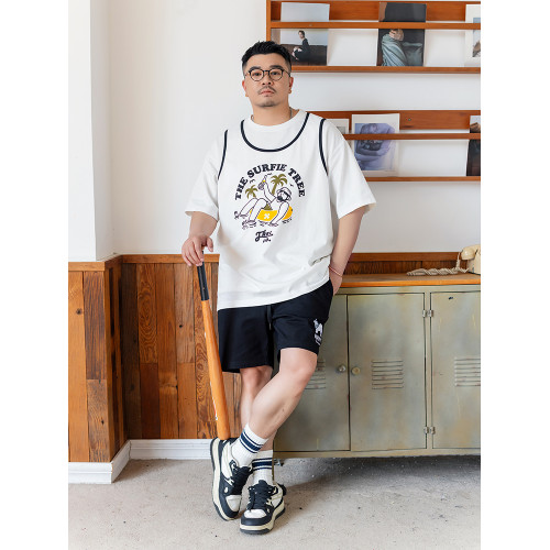 GEEEKPANDA加肥加大寬松大碼男夏撞色包邊卡通印花棉籃球背心9214