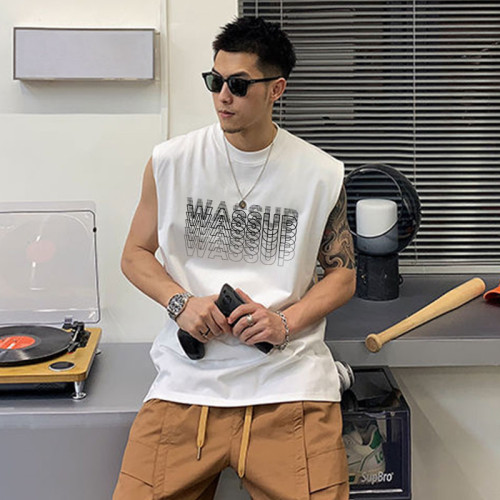 WASSUP重影背心男士寬松夏季潮牌ins純棉健身運動無袖坎肩打底衫