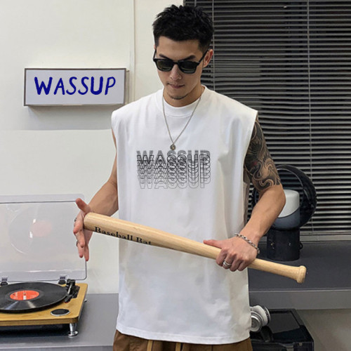 WASSUP重影背心男士寬松夏季潮牌ins純棉健身運動無袖坎肩打底衫