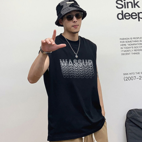 WASSUP重影背心男士寬松夏季潮牌ins純棉健身運動無袖坎肩打底衫