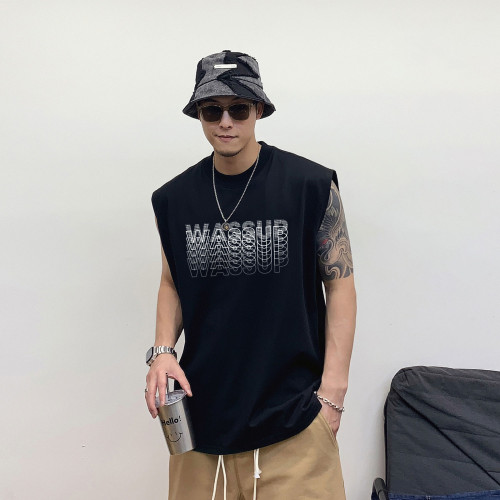 WASSUP重影背心男士寬松夏季潮牌ins純棉健身運動無袖坎肩打底衫