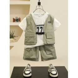 男童夏季短袖套裝洋氣兒童工裝馬甲三件套2025新款時髦寶寶衣服潮