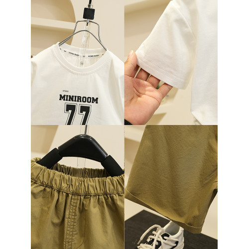 男童夏季短袖套裝洋氣兒童工裝馬甲三件套2025新款時髦寶寶衣服潮