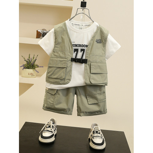 男童夏季短袖套裝洋氣兒童工裝馬甲三件套2025新款時髦寶寶衣服潮