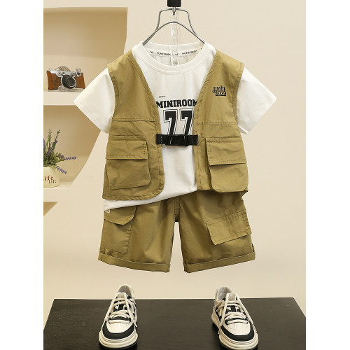 男童夏季短袖套裝洋氣兒童工裝馬甲三件套2025新款時髦寶寶衣服潮