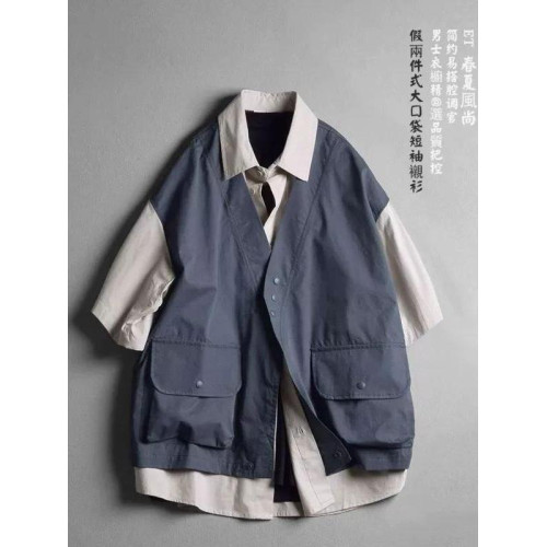 特大碼300斤美式假兩件馬甲拼接襯衫男女夏季寬松撞色短袖襯衣ins