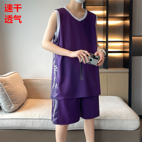 夏季速乾背心短褲運動套裝男籃球服休閒青年加大碼吸汗透氣比賽服