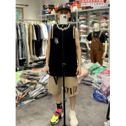 高品質！美式運動打球字母刺綉休閒套頭寬松背心球衣無袖T恤男女