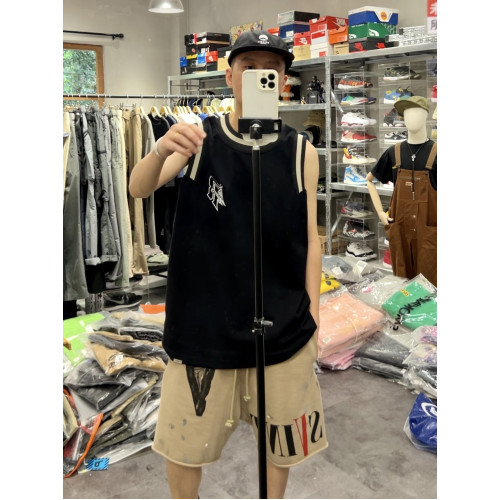 高品質！美式運動打球字母刺綉休閒套頭寬松背心球衣無袖T恤男女
