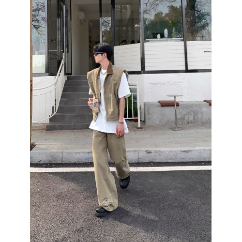 美式復古做舊廓形設計坎肩無袖墊肩工裝馬甲男女潮牌破壞風工裝褲