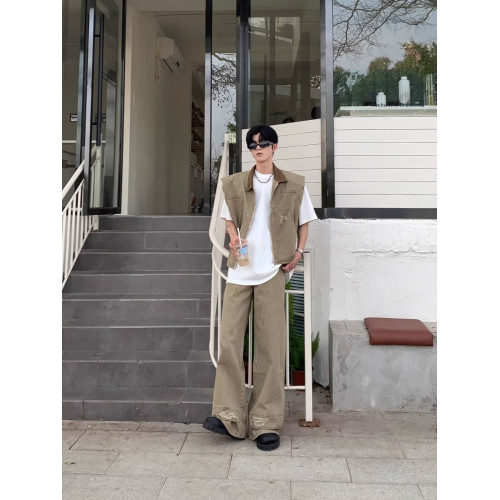 美式復古做舊廓形設計坎肩無袖墊肩工裝馬甲男女潮牌破壞風工裝褲