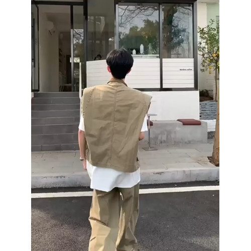 美式復古做舊廓形設計坎肩無袖墊肩工裝馬甲男女潮牌破壞風工裝褲