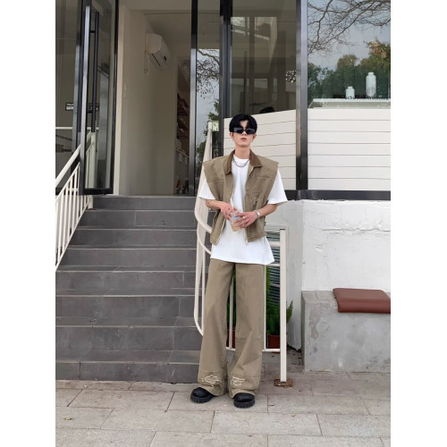 美式復古做舊廓形設計坎肩無袖墊肩工裝馬甲男女潮牌破壞風工裝褲