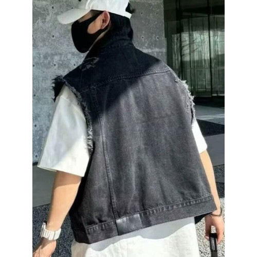 美式復古破洞短款牛仔馬甲男春秋季高街潮牌做舊寬松痞帥無袖坎肩