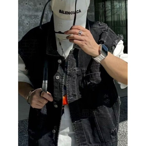 美式復古破洞短款牛仔馬甲男春秋季高街潮牌做舊寬松痞帥無袖坎肩